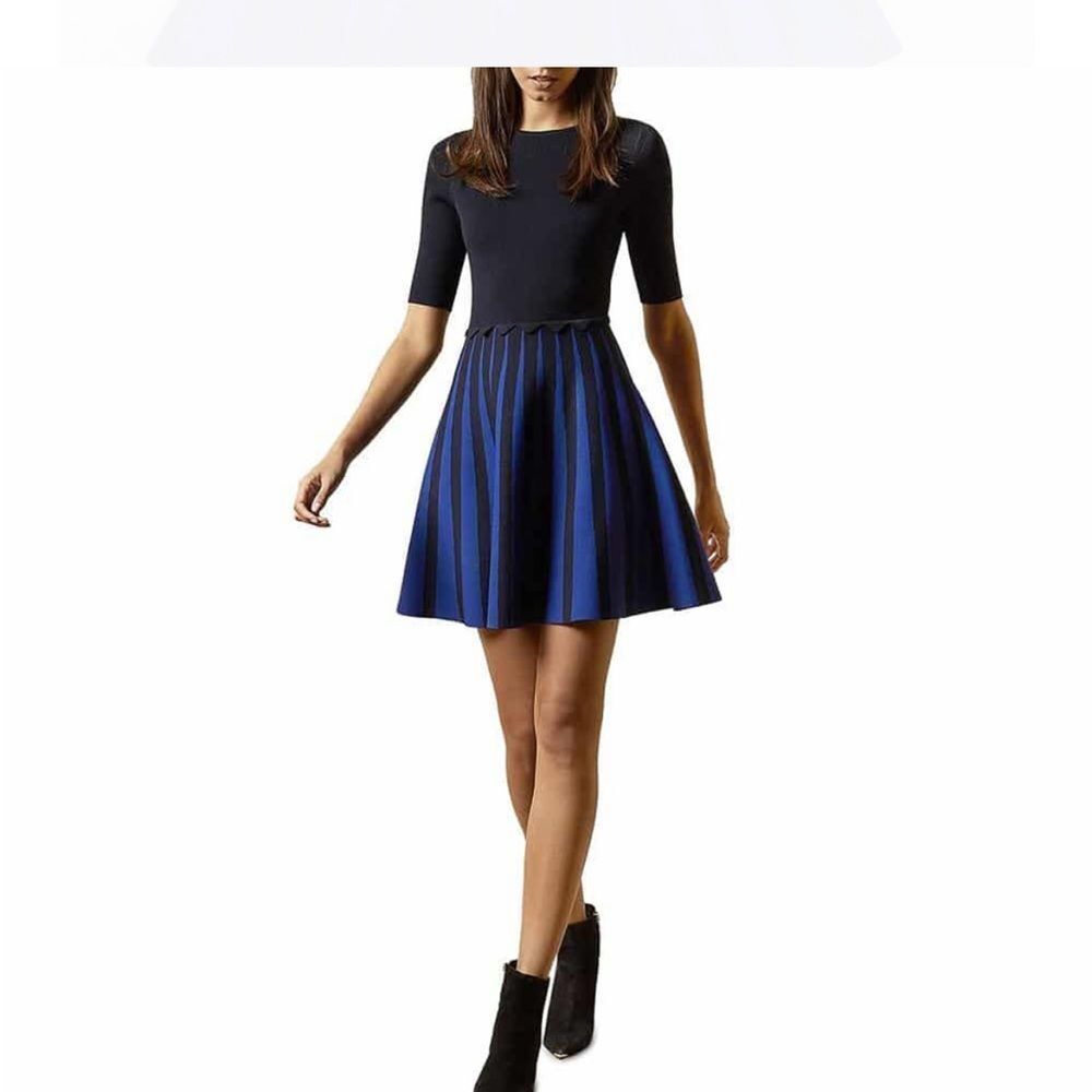 Ted Baker London Salyee Ribbed Scalloped Trim Knit Skater Dress S
